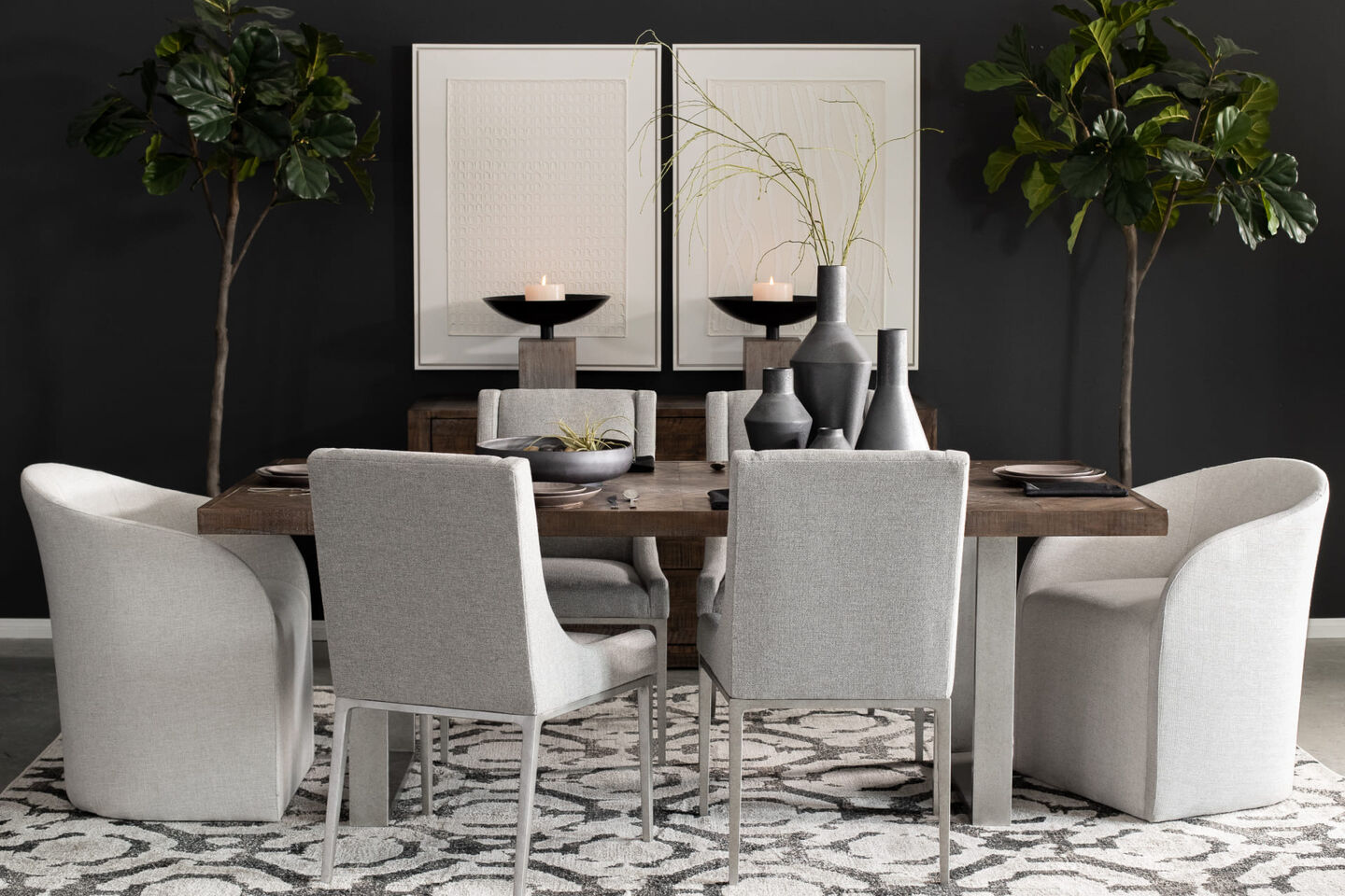 Bernhardt Draper Dining Table with Neutral Upholstered Dining Chairs in Modern Moody Dining Room